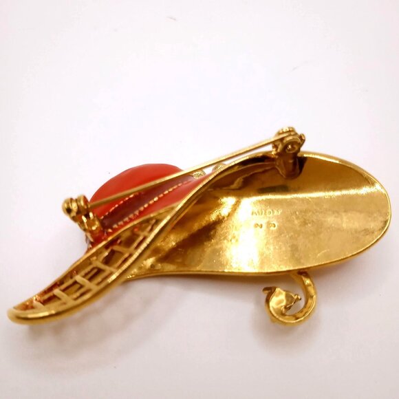 Vintage Avon Brooch Gold Tone Red Enamel Hat Rhinestone Flower Accents Lapel Pin - Picture 6 of 12